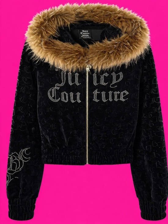 Juicy Couture Jackets & Blazers - Juicy Couture Black Velour Zip Up Jacket with Faux Fur Hood Trim
